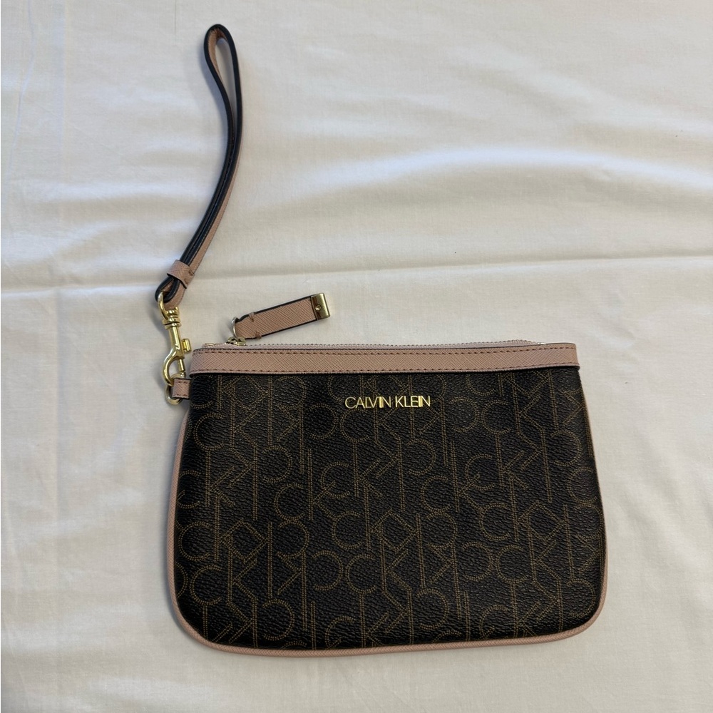 Calvin Klein Brown and Tan Logo Wristlet